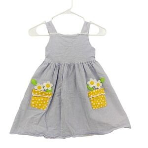 Florence Eiseman Seersucker Dress Girls 6 Blue White Stripe Potted Flower Belt
